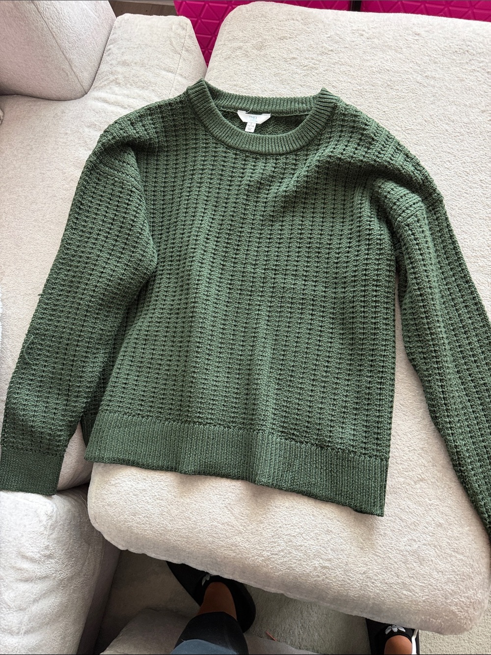 Time and Tru Olive Green Waffle Knit Crewneck Sweater